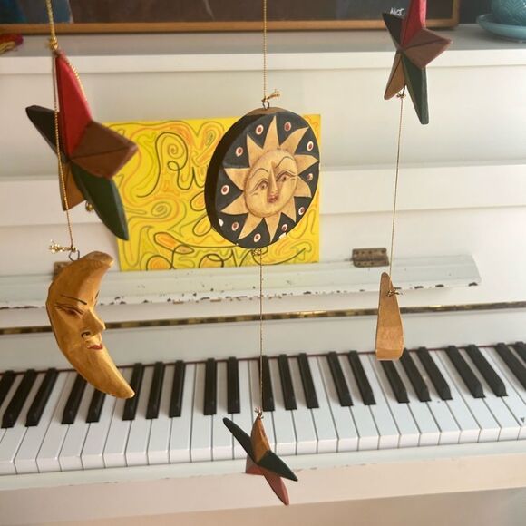 Hand Carved Wooden Star and Moon Ornament Mobile Vintage 90s Indonesia 28.5" - Picture 4 of 16